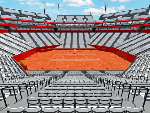 3D render of beutiful modern tennis clay court stadium with white chairs