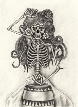 Art women skull day of the dead.Hand pencil drawing on paper