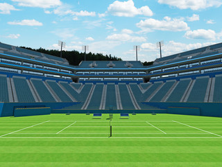 3D render of beautiful large modern tennis grass court stadium with blue chairs
