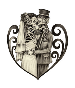 Art wedding skull day of the dead.Hand pencil drawing on paper