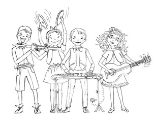 Group of kids playing different musical instruments during the class lesson. Trumpet, piano, flute, guitar. Educational concept  