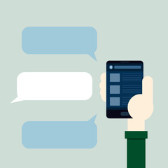 Hand holding smart phone flat design with text box