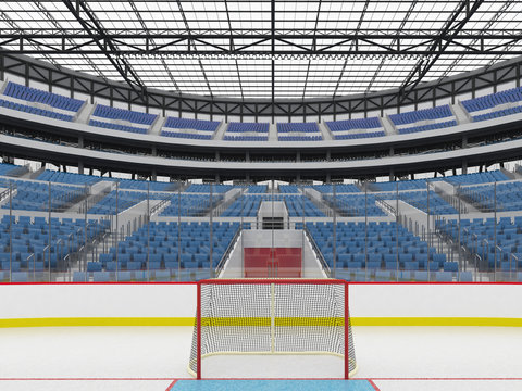 Beautiful sports arena for ice hockey with blue seats  VIP boxes and floodlights for fifty thousand fans - 3D render