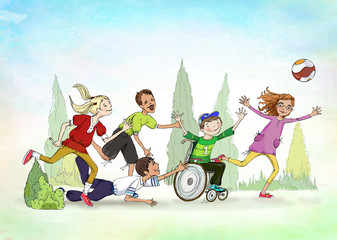 Group of five children including the boy in the wheel chair playing with ball. Team building and educational concept illustration. 