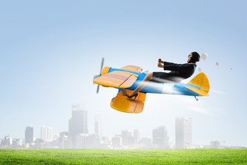 Woman in drawn airplane . Mixed media . Mixed media