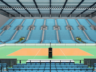Beautiful sports arena for volleyball with sky blue seats and VIP boxes