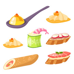 Various meat canape snacks appetizer fish and cheese banquet snacks on platter vector illustration.