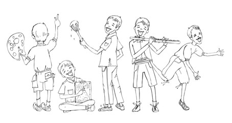 Little boy doodle, paying musical instrument, drawing, running, reading. School activities, educational concept