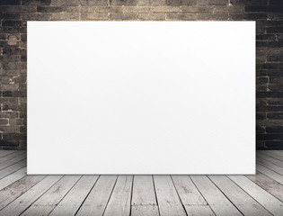 Blank long white paper poster at grunge brick wall and plank wood floor,Mock up template for adding your content or design,Business presentation