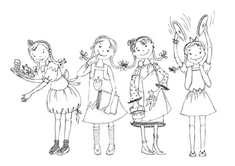 Little girl doodle, paying musical instrument, drawing, running, reading, cooking. School activities, educational concept