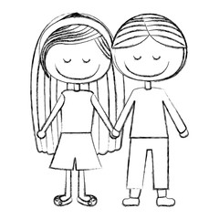 blurred silhouette caricature couple with eyes closed and taken hands vector illustration