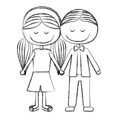 blurred silhouette caricature boy short hair and girl pigtails hairstyle with taken hands vector illustration