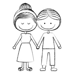 blurred silhouette caricature man with informal suit and woman collected hairstyle with taken hands vector illustration