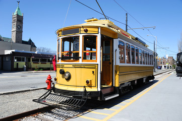 Fototapeta na wymiar old tram in Lowell MA for tourists