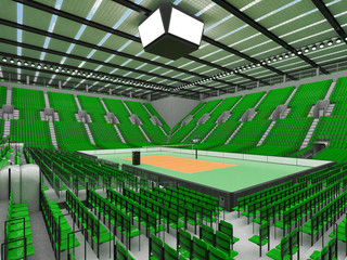 Fototapeta na wymiar 3D render of beautiful sports arena for volleyball with green seats and VIP boxes