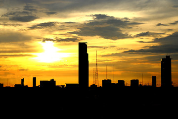 Fototapeta na wymiar silhouette town with sunset sky
