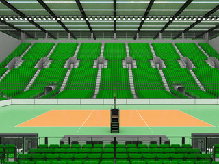 Fototapeta premium 3D render of beautiful sports arena for volleyball with green seats and VIP boxes