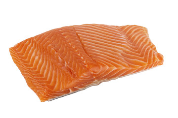 Delicious portion of fresh salmon fillet isolated on white background.