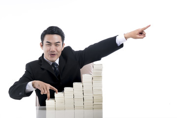 Happy Young businessman with finger walking up the stair and high hand and pointing upward