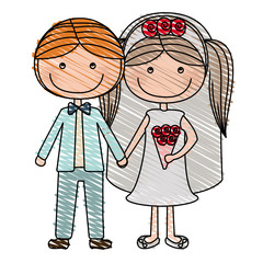 color pencil drawing of caricature groom with formal wear and bride with pigtails hairstyle vector illustration