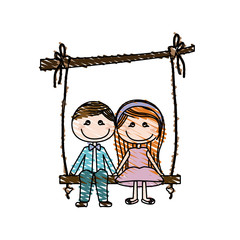 color pencil drawing of caricature couple sit in swing hanging from a branch vector illustration