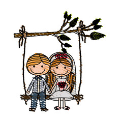 color pencil drawing of caricature guy with formal suit and woman with pigtails hairstyle sit in swing hanging from a branch vector illustration