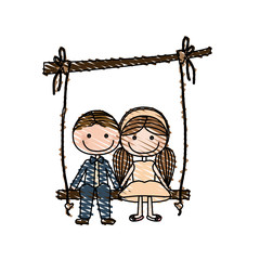 color pencil drawing of caricature guy in formal suit and girl with pigtails hairstyle sit in swing hanging from a branch vector illustration
