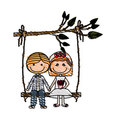 color pencil drawing of caricature married couple in love sit in swing hanging from a branch vector illustration