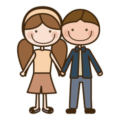 Obraz na płótnie Canvas color silhouette cartoon brown boy hair and girl pigtails hairstyle with taken hands vector illustration
