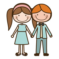 color silhouette cartoon blond guy hair and girl pigtails hairstyle with taken hands vector illustration
