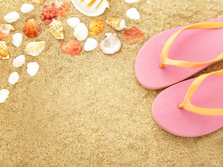 pink flip flops with sea shells on beach sand
