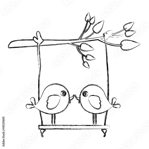 Monochrome Sketch Of Tree Branch With Swing And Couple Of