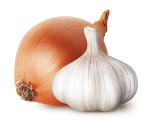 Isolated vegetables. Raw onion and garlic isolated on white background, with clipping path - obrazy, fototapety, plakaty