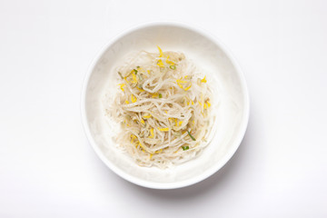 woman hand hold a rice noodle isolated white.