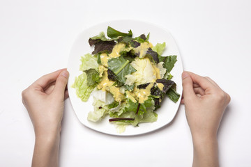 woman hand with a salad isolated white.