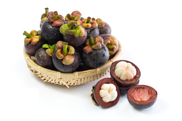 Mangosteen in the basket (Thai fruit) on white background