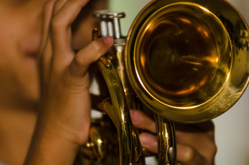 .Children learn to play trumpet happily.