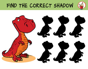 T-rex dinosaur. Find the correct shadow. Educational game for children. Cartoon vector illustration
