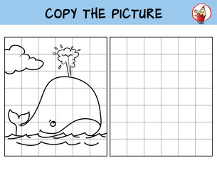 Obraz premium Whale in the ocean. Copy the picture. Coloring book. Educational game for children. Cartoon vector illustration