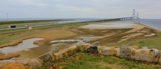 The Great Belt Bridge ( Storebæltsbroen ) connecting the two islands; Zealand ( Sjælland ) and Funen ( Fyn) in Denmark. View of the East Bridge from Sprogø
