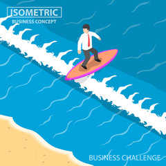 Isometric businessman surfing on the wave