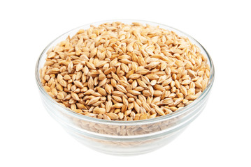 Barley seeds in a bowl isolated on white background