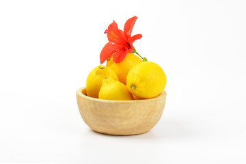 bowl of ripe lemons and red hibiscus bloom