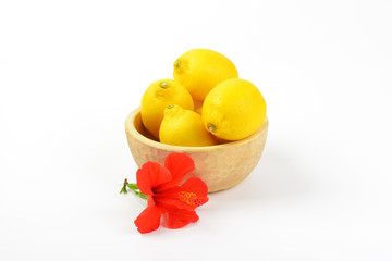bowl of ripe lemons and red hibiscus bloom
