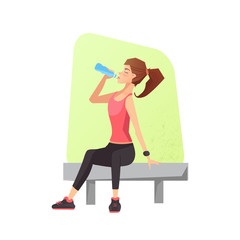 Exhausted woman dehydrated feeling exhaustion and dehydration from working out at gym. Female siting on a bench and drinking water. Vector illustration.