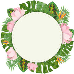 Banner design template with floral decoration. Round frame with flowers and palm leaves
