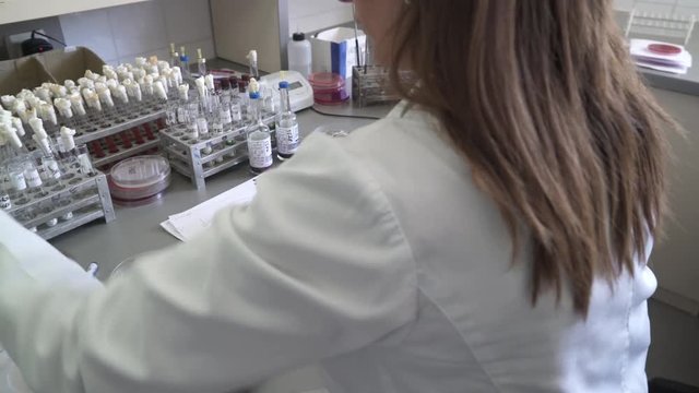 Laboratory technician perform bacteriological analysis from different samples, crane shot to microbiology glassware, motion behind head, indoor.