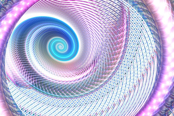 Mosaic spiral. Abstract intricate asymmetrical background in violet and blue colors. Psychedelic fractal texture. Digital art. 3D rendering.
