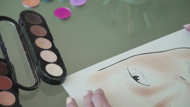 The make up artist comes up with makeup using a face chart Beauty and fashion industry: Facechart. Face chart of cosmetic brand. Only hands: portrait for training make-up artist - face chart