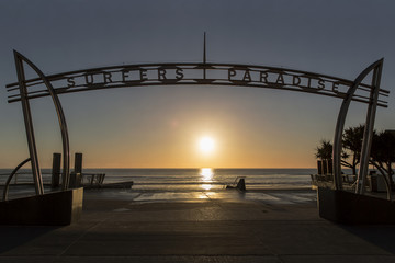 Gold Coast Surfers Paradise centre - silhouette looking out towards the sunrise over the ocean. 